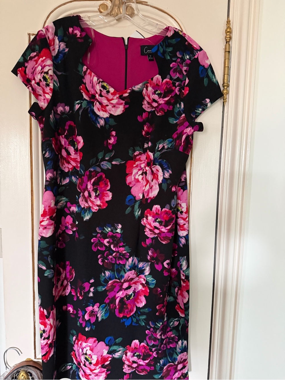 Connected Apparel pink and black floral dress with pink, magenta, & blue flower
